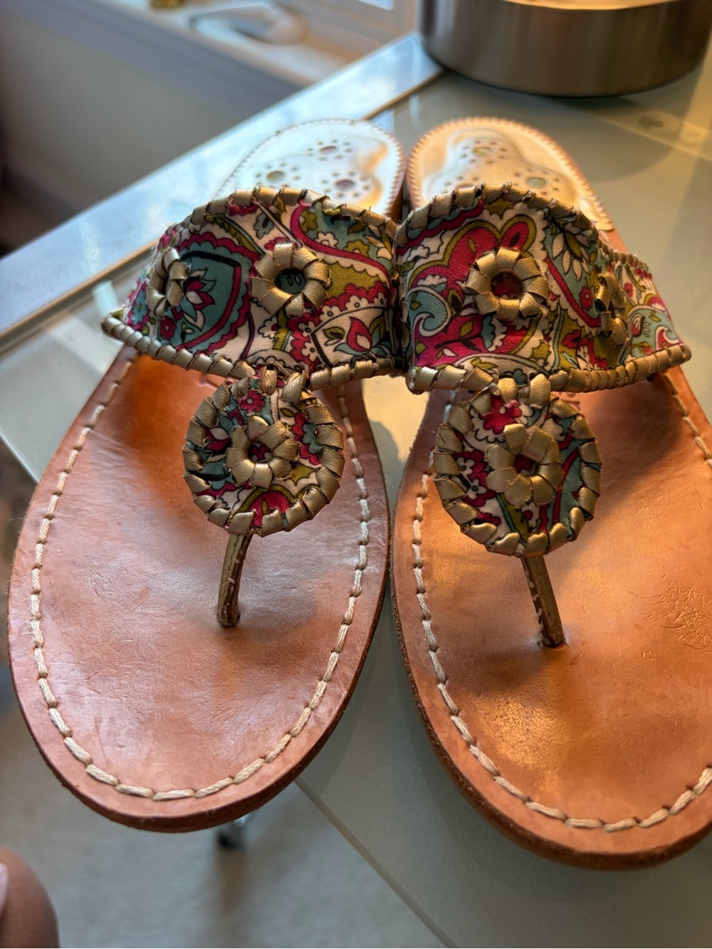 Jack Rogers Paisley Leather Thong Sandals - Tan, Pink, Teal